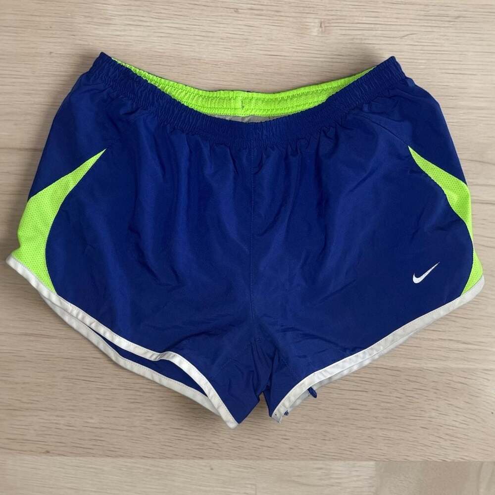 Nike Women's Medium Tempo Dry-FIT Running Shorts Blue and Lime Green